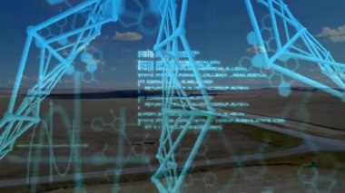 Kırsal çayırlarda dijital moleküler arayüz görselleştiriliyor. Altıgen ve kod blokları gösteriyor. Gelecek, teknoloji, yenilik, veri, analitik, soyut, manzara