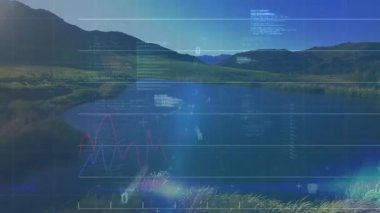 Düz tasarım yüzen finansal kaplama çizgisi grafikleri ve kod parçacıkları yeşil tepeler üzerinde. Teknoloji, analitik, yenilik, görselleştirme, dijital, açık hava, fütüristik