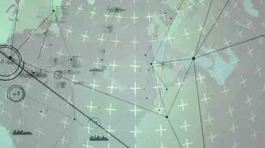 Küresel ağ dünya haritasında kaydırma yaparak, siyah düğümleri, beyaz haçları, çubuk çizelgelerini gösterir. Soyut, bağlantı, teknoloji, veri görselleştirme, dijital, yenilik, fütürist
