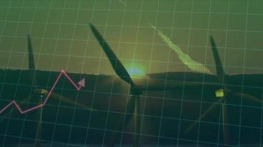 Gün batımına karşı parlayan merkez rüzgar türbini bıçağı, ızgara üzerinde yükselen kırmızı çizgi grafiği. Yenilenebilir, enerji, sürdürülebilirlik, teknoloji, çevre dostu, endüstriyel, gelecekçi