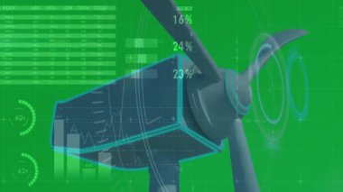 Rüzgar türbini rotor merkezi yeşil dijital ızgara üzerinde dönüyor, yüzen UI grafiklerini 3 boyutlu görüntülüyor. Yenilenebilir, sürdürülebilirlik, teknoloji, veri görselleştirme, enerji, yenilik, fütüristik
