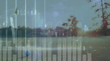 Golf yeşili, çimlerin üzerinde bayrak ve golf topuyla hareket eden düz tasarım finans grafiklerini gösteriyor. Açık hava, manzara, finans, yatırım, analiz, tahmin, profesyonel