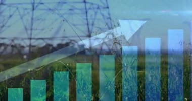 Güç şebekesi, büyüyen grafikler ve kulelerin düz dizaynını gösteren yeşil alan üzerinde görüntüleniyor. Yenilenebilir, altyapı, mühendislik, analitik, veri görselleştirme, teknoloji, sürdürülebilirlik