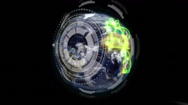 3D dünya, holografik HUD halkaları ve parlayan yeşil ağ hatlarıyla siyah boşlukta canlandırılıyor. Gelecek, teknoloji, veri görselleştirme, sanal, arayüz, ağ, dijital