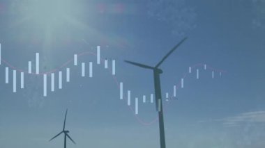 Rüzgâr türbinleri düz tasarımda dönüyor, şamdan çizelgeleri ve pembe trend çizgilerini örtüyor. Yenilenebilir enerji, sürdürülebilirlik, teknoloji, finans, çevre, yenilik