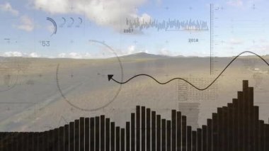 Dijital veri görselleştirmesi çimenli düzlüklerde yüzüyor, bar çizelgelerini, dalga çizgilerini, göstergeleri gösteriyor. Analitik, teknoloji, yenilik, açık hava, fütüristik, minimalist, infografik