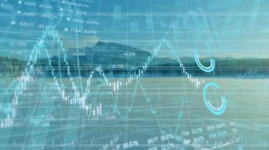 Gölün üzerinde yüzen şeffaf çizelgeler, şamdan çizgisi grafikleri ve yüzde etiketleri var. Doğa, veri görselleştirme, açık hava, analitik, teknoloji, dinginlik, finans