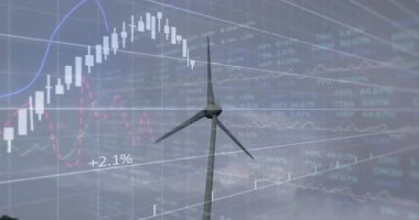 Rüzgâr türbini bulutlu gökyüzünün altında dönüyor, şamdan şeması renkli çizgiler üzerinde sallanıyor. Yenilenebilir, sürdürülebilir, teknoloji, enerji, veri, finansal, yenilik