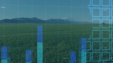 Dijital dünya haritası, yeşil ekin alanının üzerinde süzülüyor ve mavi çizgi grafiği veri noktalarını gösteriyor. Tarım, veri görselleştirme, analitik, eko, çevre, teknoloji, yenilik