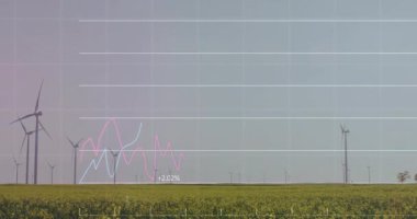 Düz dizaynlı sarı alanda dönen rüzgar türbinleri pembe ve mavi trend çizgilerini gösteriyor. Yenilenebilir, sürdürülebilirlik, enerji, manzara, veri, analitik, çevre dostu