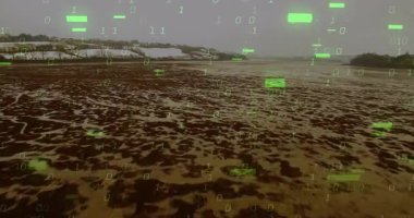 Üç boyutlu panorama ile kaplanmış kıyı çamurlu düzlük, hatalı yeşil ikili kod. Hava, manzara, dijital, fütüristik, kış, desenli, tek renkli