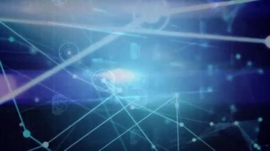 Merkezde parlayan Bitcoin sembolü, düz tasarımda mavi engelleme düğümlerinin arasında yüzüyor. Kripto para birimi, engelleme zinciri, dijital, geleceksel, teknoloji, veri, ağ