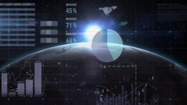 Dünya ufku 3 boyutlu HUD görüntüleme grafikleri ve pasta grafikleri gösterilerek görüntülenir. Gelecekçi, görselleştirme, analitik, yörünge, uydu, veri, teknoloji