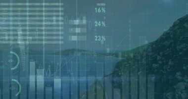 Yarı şeffaf yeşil pasta grafikleri kıyı sahnesinde dönüyor, test verilerini ızgara hatlarıyla birleştiriyor. Finansal, analitik, görselleştirme, deniz manzarası, veri, okyanus, teknoloji