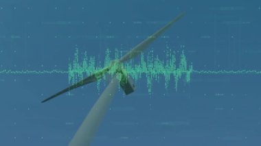 Gökyüzüne karşı yeşil veri yansıtan rüzgar türbini animasyon stili içeriyor. Yenilenebilir enerji, teknoloji, sürdürülebilirlik, temiz enerji, yenilik, dijital arayüz, çevre