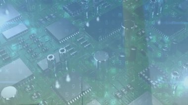 PCB bileşeni üzerinde gezinen ince uçlu cımbızlar, mikroçipleri ve kod akımlarını gösteren düz tasarım. Elektronik, devre, yenilik, mikro elektronik, teknoloji, imalat, tasarım