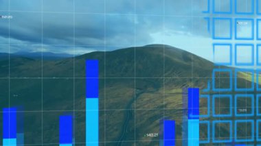 Dağ sırtı düz dizayn örtüsüyle görselleştiriliyor, mavi ızgara haritası ve eğilim çizgisi gösteriliyor. Peyzaj, görselleştirme, analitik, teknoloji, veri, dijital, açık hava