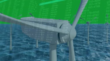 Offshore rüzgar türbini motor ve pervane ucu okyanustan çıkıyor, verileri kaydırarak sahneyi örtüyor. Yenilenebilir, teknoloji, denizcilik, sürdürülebilir, dijital, yenilik, çevre