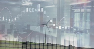 Tek bir rüzgar türbini yeşil tepelerde dururken mali tabloları ve ofis sandalyelerini örtüyor. Sürdürülebilirlik, yenilenebilirlik, yenilik, teknoloji, şirket, manzara, veri görselleştirme