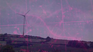 Rüzgar türbini tarım arazisine güç veriyor, pembe dijital ızgaraları, düğümleri ve akan veri eğrilerini örtüyor. Yenilenebilir, sürdürülebilirlik, teknoloji, gelecek, manzara, enerji, çevre dostu