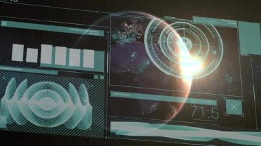 Holografik dünya benzeri gezegen ağ düğümü bağlantıları ve yüzen çubuk grafikleriyle dönüyor. Fütürist, sürükleyici, dijital, teknolojik, uzay, arayüz, yüksek teknoloji