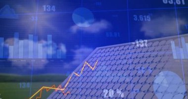 Altıgen paneller dijital çizelgeler ve düz dizayn içindeki katlı çatı üzerinde yüzdeler. Geometrik, veri görselleştirme, teknoloji, analitik, sürdürülebilirlik, kırsal, temiz enerji