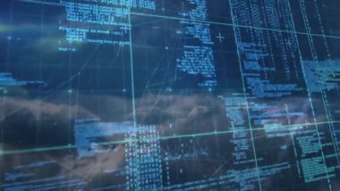 Koyu mavi ağ ızgarası üzerinde yüzen dijital kod, şeffaf veri akışlarını vurguluyor. Teknoloji, siber güvenlik, yenilik, veri görselleştirme, fütüristik, bağlantı, soyut