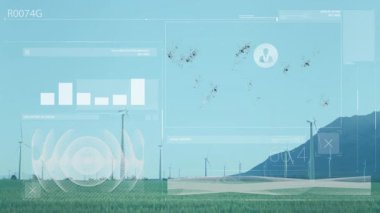Çimenli ovalarda canlandırılan rüzgar türbinleri fütüristik veri grafikleri ve HUD simgeleri gösteriyor. Sürdürülebilirlik, yenilenebilirlik, teknoloji, yenilik, manzara, bilgi, çevre dostu