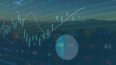 Finansal gösterge paneli, beyaz ve morumsu çizgi grafikleriyle hareket eden turkuaz şamdanları gösteriyor. Analizler, teknoloji, yenilik, dijital, iş, veri, şeffaflık