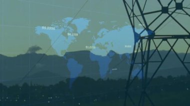 Mavi dünya haritasını, yüzen etiketler ve siyah ağ grafiğini birleştirirken görselleştirme. Teknoloji, analitik, fütürist, arayüz, bağlantı, bilimsel, dijital