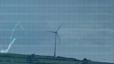 3D kıyı rüzgar türbini tarla arazisi üzerindeki şebekeler ve grafiklerle finansal grafikleri gösteriyor. Yenilenebilir, sürdürülebilirlik, teknoloji, çevre, güç, tarım, manzara