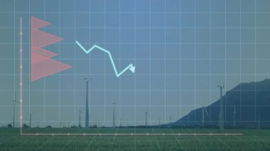 Yenilenebilir enerji verileri rüzgar türbini çiftlik ızgarasında görüntüleniyor, histogram ve hat grafiğini gösteriyor. Sürdürülebilir, çevre dostu, teknolojik, çevresel, gelecekçi, doğa, temizlik enerjisi