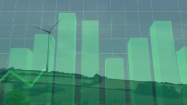 Yeşil çizelge ve çizgi çizelgesi, yuvarlanan tarım arazisi tepeleri boyunca yenilenebilir enerji verilerini görselleştiriyor. Veri görselleştirme, sürdürülebilirlik, çevre, tarım, bilgi, monokromatik, dijital