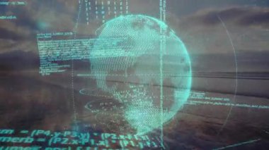 Okyanus ufkunun üzerinde süzülen holografik 3D küre neon mavisi akıntıları yansıtıyor. Holografi, teknoloji, fütürizm, dijital sanat, yenilik, deniz, görsel efektler