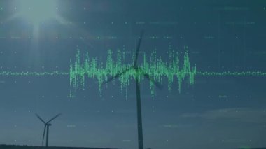 Merkezdeki rüzgar türbini yeşil veri dalgası altında dönüyor. 3D görüntüde güneş ışığı parlaması görülüyor. Yenilenebilir kaynaklar, sürdürülebilirlik, teknoloji, fütüristik, çevreci, güç, çevre