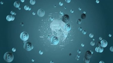 3 boyutlu şeffaf küre, ızgara ağı dönüyor, yüzen Bitcoin simge kürelerini gösteriyor. Teknoloji, yenilik, siber güvenlik, finans, ağ oluşturma, sanal, fütürist