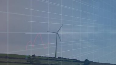 Renkli çizelgelerle şeffaf ızgarayı gösteren rüzgar türbini resimde canlandırılıyor. Yenilenebilir, sürdürülebilir, tahmin, analitik, çevre, temizlik enerjisi, dijital