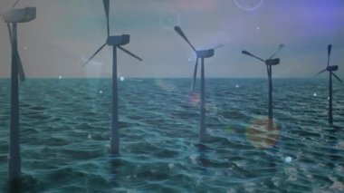 Offshore rüzgâr çiftliği, sakin okyanus yüzeyinde dönen türbinlerle düz dizayn ediliyor. Yenilenebilir enerji, sürdürülebilirlik, deniz ortamı, temiz teknoloji, minimalizm, ufuk, çevre dostu