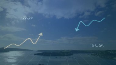 Dijital veri canlandırması kıyı şeridi üzerinde parıldayan mavi yüzey ve sarı yükselen çizgiler gösteriyor. Deniz manzarası, analitik, minimalist, teknoloji, sükunet, finans, trend çizgileri