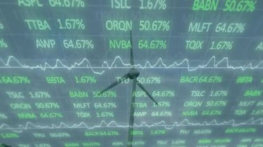Tek bir rüzgar türbini şebekeye karşı dönüyor, yeşil finans verilerini ve beyaz çizelgeleri gösteriyor. Yenilenebilir enerji, teknoloji, finans, veri, sürdürülebilirlik, gelecekçilik