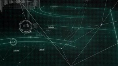 Soyut veri ağı koyu deniz mavisi HUD üzerinde canlandırılıyor, çapraz çizgiler ve dairesel düğümler gösteriliyor. Futuristik, teknoloji, dijital, arayüz, veri, ağ, görselleştirme