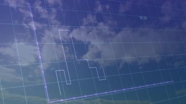 Analitik gösterge paneli mor çizgileri gösteriyor, üzerinde noktalar ve mavi gökyüzü animasyonları var. Veri görselleştirme, bilgi grafikleri, dijital arayüz, teknoloji, iş zekası, modern tasarım, soyut