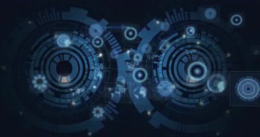 İki büyük konsantre HUD dairesi, karanlık şebekeler üzerinde veri akışı ve düğüm bağlantılarını göstererek parlıyor. Gelecek, teknoloji, arayüz, dijital, siber, veri, sanal