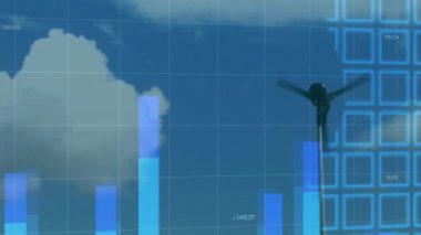 Noktalı dünya haritasının yanında yükselen rüzgar türbini silueti mavi mor çizgi grafiklerini gösteriyor. Yenilenebilir enerji, veri analizleri, çevre teknolojisi, dijital görselleştirme, ekolojik sürdürülebilirlik, geleceksel tasarım, iklim izleme