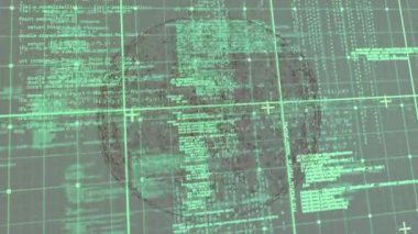 Ağ düğümleri ve artı işaretlerle yeşil ızgarayı kaplayan kodları gösteren soyut arayüz. Gelecekçi, siber güvenlik, veri görselleştirme, dijital sanat, teknoloji, ağ, analitik