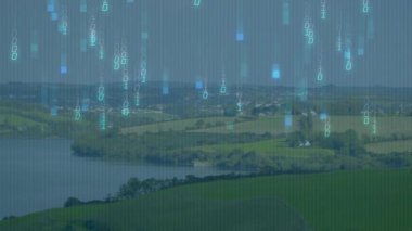 Parlak veri akışları olay yerindeki kırsal göl üzerinde canlanıyor ve veri blokları 3 boyutlu görüntüleniyor. Manzara, manzara, fütürist, teknoloji, kırsal, sükunet, dijital