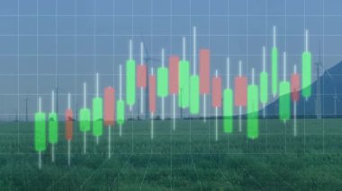 Rüzgâr türbin alanının üzerinden akan şamdan kaplaması. Üç boyutlu ızgaranın içinde yeşil ve kırmızı çubuklar var. Sürdürülebilirlik, yenilenebilir enerji, finansal analiz, dijital görselleştirme, çevre teknolojisi, yeşil enerji, veri gösterimi