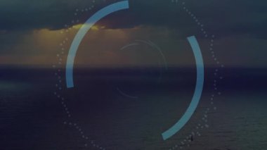 Mavi bulut asma kilidi denizin üzerinde yüzüyor, parlayan eş merkezli halkalar ikon etrafında dönüyor, ikili kod yayıyor. Gelecekçi, siber güvenlik, dijital, teknoloji, okyanus, yenilik, soyut