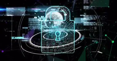 Sanal arayüzde parlayan mavi asma kilit şeması, dönen taramalar ve HUD panelleri gösteriyor. Fütürist, dijital, siber güvenlik, teknoloji, arayüz, holografik, ağ