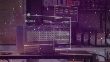 Tahta masada oturan dizüstü bilgisayar, cihazın etrafında yüzen sanal UI panellerini gösteriyor. Teknoloji, yenilik, dijital, arayüz, fütüristik, bağlantı, çalışma alanı